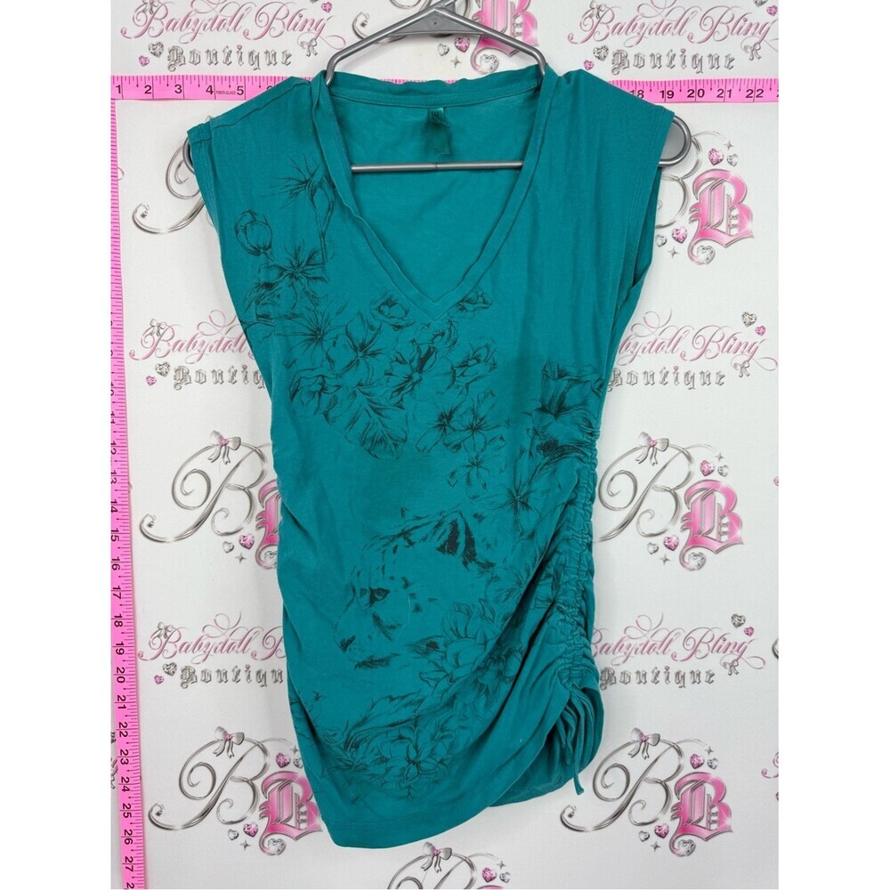 Garage y2k top Teal Floral Ruched V-Neck Tank Top